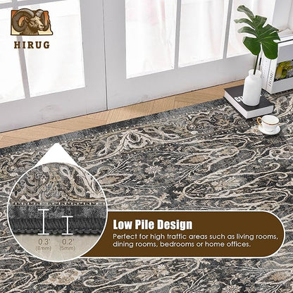 Washable Area Rug 4' x 6' Vintage Traditional Persian Mat - Foldable Distressed Non-Slip Machine Washable Carpet for Living Room Bedroom Kitchen Home Decor - Ebony and Taupe