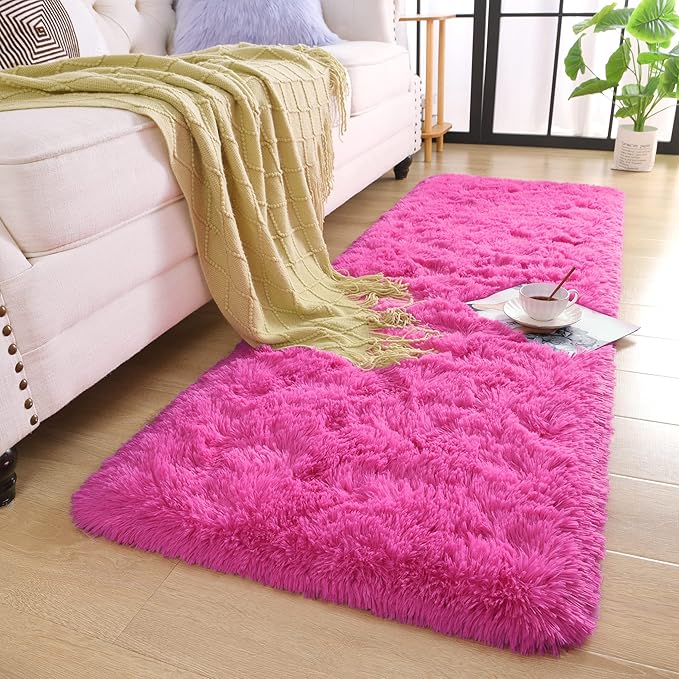 Chicrug Soft Runner Rug for Bedroom Living Room Plush Fluffy Rugs 2x6 Feet, Shag Furry Runner Rug Carpet Non Shedding for Nursery Children Kids Girls Room Home Decorative, Hotpink