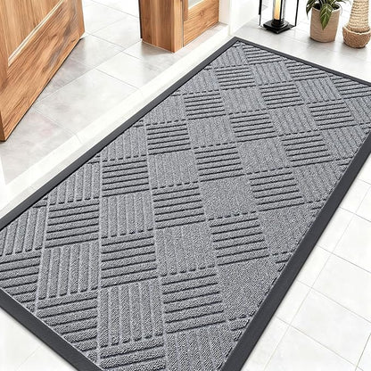 OLANLY Front Door Mat Outside Entrance 47x23, Absorbent, Heavy Duty Sturdy Natural Rubber Doormat Indoor Outdoor, Stain Fade Resistant, Non-Slip Low Profile Floor Mat Entryway, Charcoal Gray Diamond