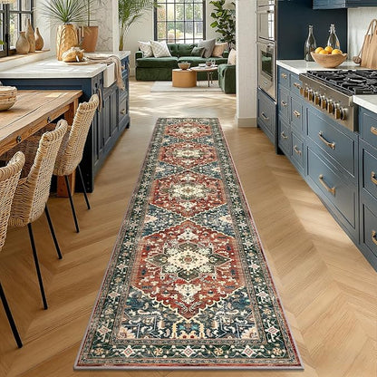 Yamaziot Washable Runner Rug, 2x10 Non-Slip Boho Vintage Hallway Rug Runner with Rubber Backing, Stain Resistant & Low Pile Faux Wool Distressed Carpet Runner for Kitchen, Laundry, Entrance