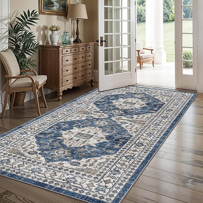 Washable 4x8 Hallway Runner Rug: Vintage 8ft Soft Runners for Entry Kitchen Wide Low Pile Carpet with Non-Slip Backing for Living Room Bedroom Thin Bathroom Carpet for Dining Room Foyer（4x8,Blue