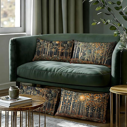 Rustic William Morris Inspired Forest Moon Pillow Covers 12x20 Set of 4,Vintage Botanical Nature Landscape Decorative Throw Pillow Covers for Home Bedroom Living Room,Fall Home Room Decor