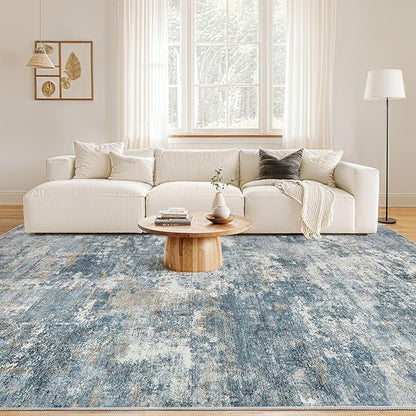 Nakagishi 10x12 Area Rugs Living Room: Washable Abstract Large Neutral Soft Rug Stain Resistant Modern Indoor Floor Non-Slip Carpet for Bedroom Nursery Kids Playroom Office Dining Room Dorm-Blue Brown