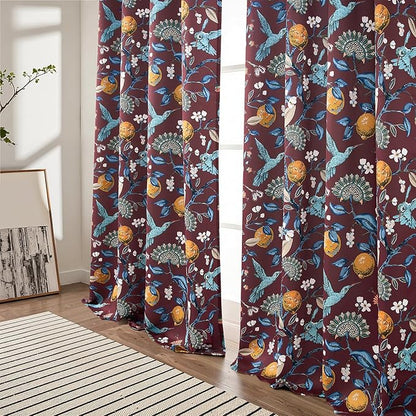 Topfinel Rust Boho Floral Curtains 90 Inches Long 2 Panels Unique Luxury Elegant Colorful Euro Flower Hummingbird Patterned Rustic Vintage Grommet Drapes for Classroom Room Office Closet