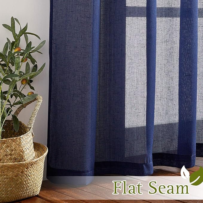 NICETOWN Natural Open Linen Weave Flax Textured Sheer Window Curtains, Medium Long Privacy Semi-Transparent Sheer Panels for Farmhouse / Bedroom, Total 2 Panels, Dark Blue,W52 x L72