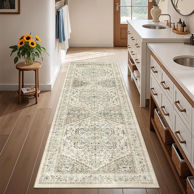 Runner Rug 2x6, Non Slip Washable Rugs for Laundry Room, Runners for Hallways, Low Pile Vintage Soft Rugs for Living Room, Kitchen Bathroom,Bedroom Rug(Brown/Beige,2'x6')