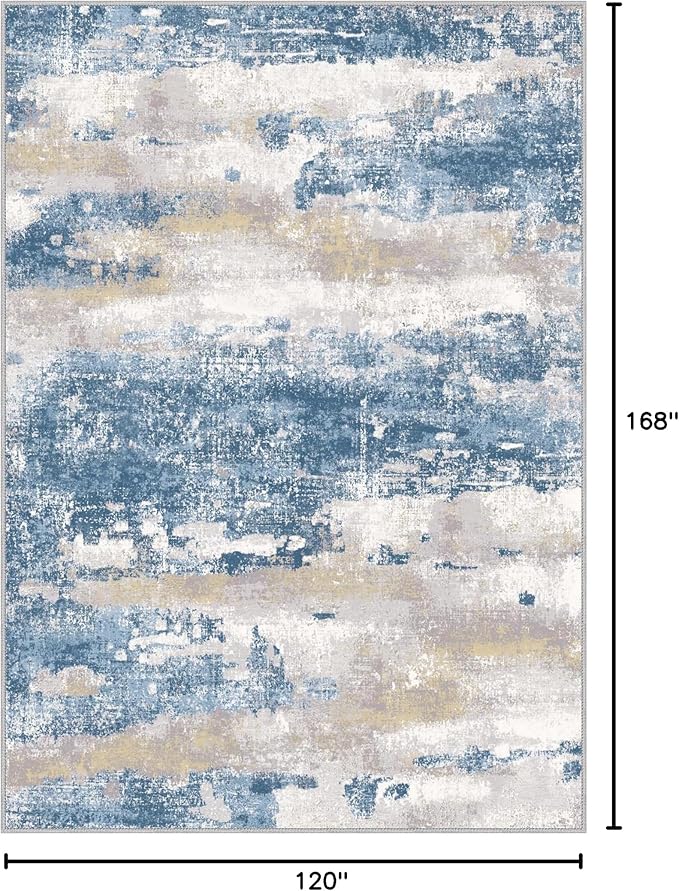 Area Rugs 10x14 for Living Room Bedroom, Modern Abstract Machine Washable Large Blue Cream Rug, Soft Low Pile Floor Carpet with Non Slip Backing for Dining Room