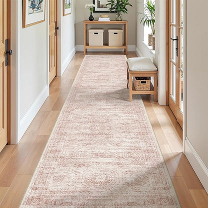 Long Bathroom Rugs Runner - Washable Runner Rugs for Hallway 2x10, Ultra-Thin Soft Kitchen Carpet Runner, Anti Slip Backing Runner Rugs for Entrance, Bedroom, Living Room(2'x10', Pink/Ivory)