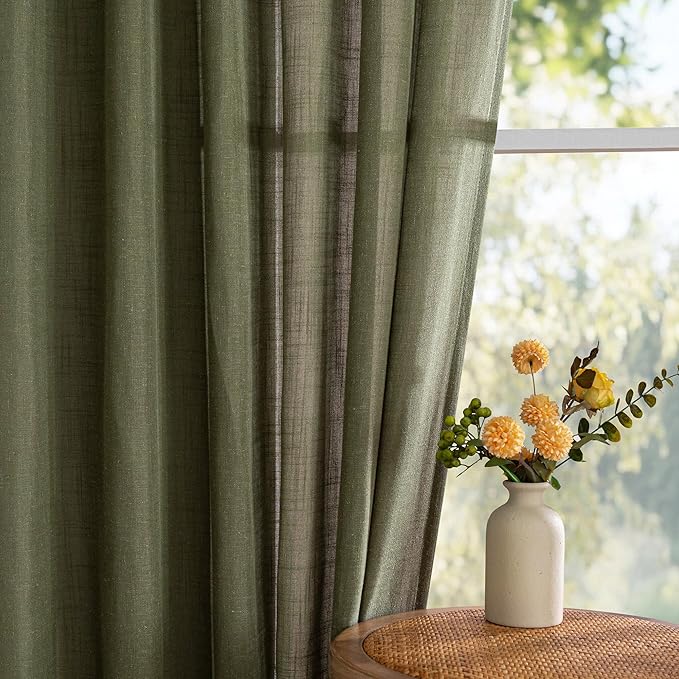 MYSKY HOME Living Room Curtains 90 Inches Long Farmhouse Light Filtering Privacy Curtain Drapes for Patio, Linen Look Texture Fabric Bohemian Draperies Soft Touch, 100" Wide, Olive Green, 1 Pieces