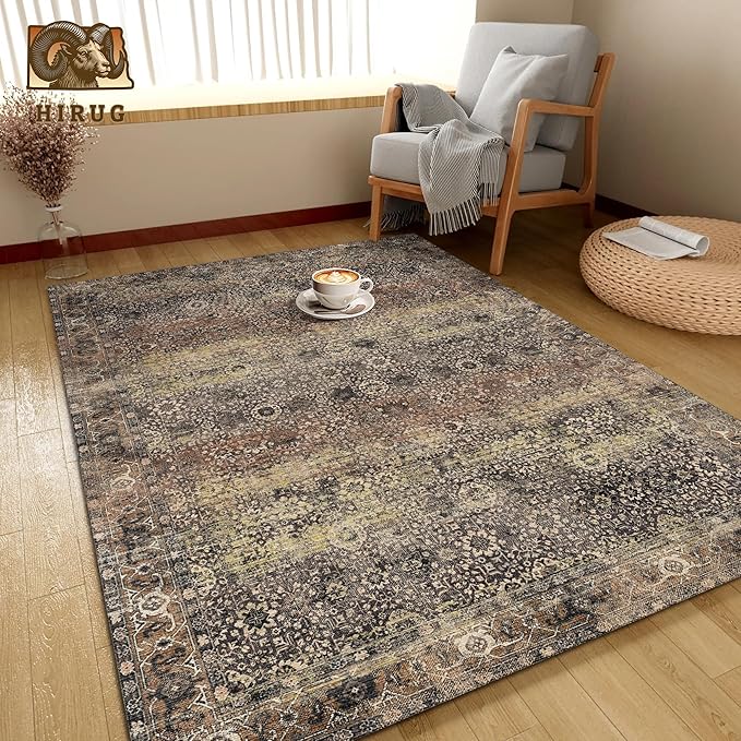Washable Area Rug 8' x 10' Vintage Traditional Persian Mat - Foldable Distressed Non-Slip Machine Washable Carpet for Living Room Bedroom Kitchen Home Decor - Umber and Slate