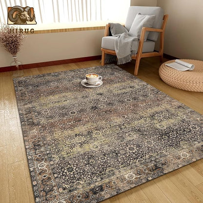 Washable Area Rug 8' x 10' Vintage Traditional Persian Mat - Foldable Distressed Non-Slip Machine Washable Carpet for Living Room Bedroom Kitchen Home Decor - Umber and Slate