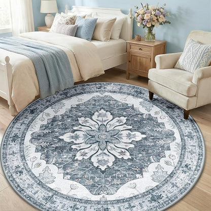 Area Rugs 6ft Washable Non-Slip, Floral Vintage Distress Print Pattern Medallion Carpet for Living Room Bedroom Dining Room, Light Gray Grey White