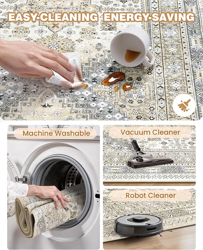 4x6 Area Rugs for Living Room, Non-Slip Backing Small Kids Rugs for Bedroom, Vintage Floral Rug Home Decor, Low Pile Soft Washable Rug for Kitchen, Dining Room (Beige,4'x6')