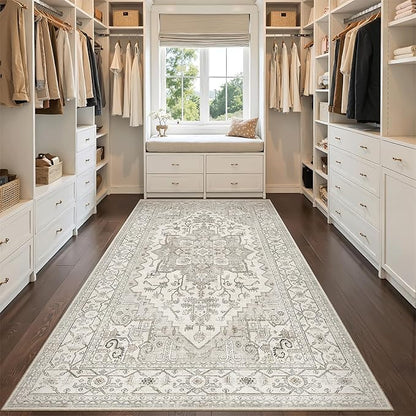 Madane Hallway Runner Rug 4x8 Wide: Washable Thin Runners for Hallways Entry, Non Slip Soft Vintage Kitchen Rugs Low Pile Carpet Runners for Living Room Bedroom Dining Room Foyer (Beige/Brown, 4x8)