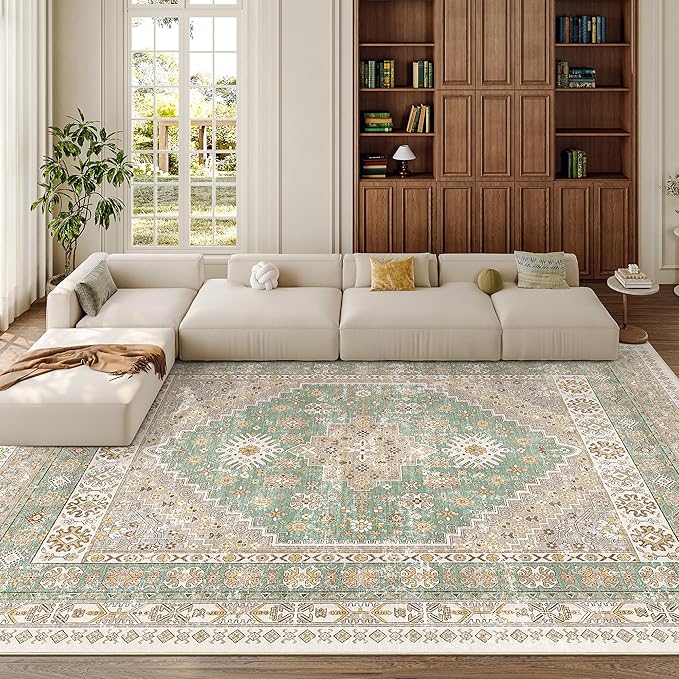 zesthome 8x10 Area Rugs for Living Room,Non-Slip Backing Washable Rugs,Vintage Large Area Rug，Stain Resistant Home Decor Rug (Green/Brown,8'x10')