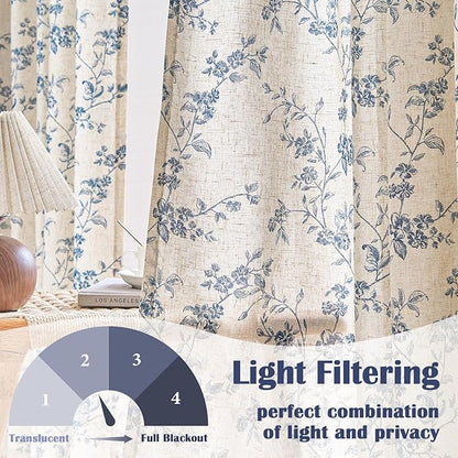 Lazzzy Linen Farmhouse Curtains Blue Floral Curtains 63 Inch Length Back Tab Drapes for Living Room Bedroom Light Filtering Country Vintage Rod Pocket Curtain, 2 Panels, Blue on Beige