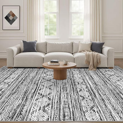 Nakagishi 8x10 Area Rugs Living Room: Washable Large Neutral Soft Rug Stain Resistant Non-Slip Carpet for Men Modern Home Enthusiasts Aged 25-45 - High Traffic Areas - Bedroom Office - Black White