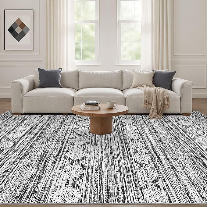 Nakagishi 9x12 Area Rugs Living Room: Washable Large Neutral Soft Rug Stain Resistant Non-Slip Carpet for Men Modern Home Enthusiasts Aged 25-45 - High Traffic Areas - Bedroom Office - Black White