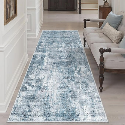 Runner Rug 3x6 Washable Non-Slip Kitchen Runner Rugs for Bathroom Laundry Room Blue/Grey Vintage Floor Carpet Runners for Hallway Entryway