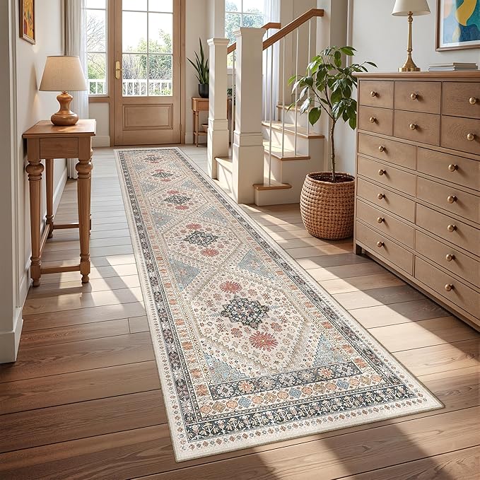Hallway Runner Rug 2x12, Extra Long Washable Runner Rugs with Rubber Backing, Non Slip Runner, Vintage Rug Runners for Kitchen Laundry Room Entryway (Blue/Red/Multi,2'x12')