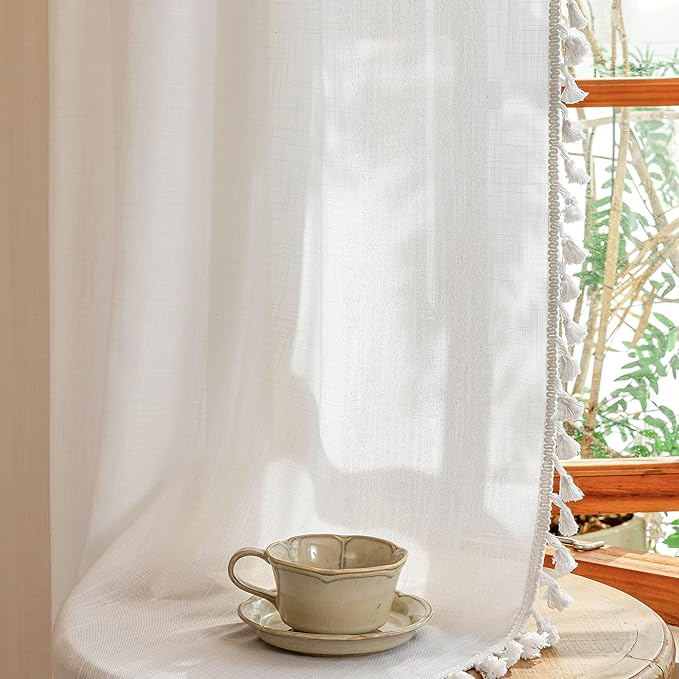MYSKY HOME 72 Inches Long Semi Boho Sheer White Door Curtains for Closet Doorways,Light Filtering Back Tab Macrame Privacy Protect Farmhouse Drapes for Dining Room, 50" x 72",Pure White, 2 Panels