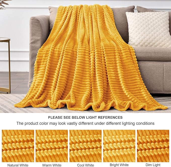 BEDELITE Fleece Blanket Queen Size – 3D Ribbed Jacquard Soft and Warm Decorative Fuzzy Blankets – Cozy, Fluffy, Plush Lightweight Throw Blankets for Couch, Bed, Sofa(Mustard Yellow, 90x90 inches)