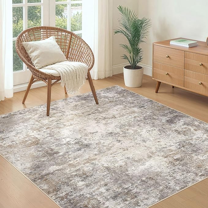 UERMEI Square Area Rugs : Washable 5x5 Neutral Modern Abstract Carpet for Living Room Bedroom - Soft Floor Mat with Non Slip Backing for Kitchen Nursery Dorms Farmhouse Home Decor - Brown Grey
