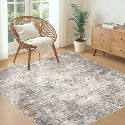 UERMEI Square Area Rugs : Washable 5x5 Neutral Modern Abstract Carpet for Living Room Bedroom - Soft Floor Mat with Non Slip Backing for Kitchen Nursery Dorms Farmhouse Home Decor - Brown Grey