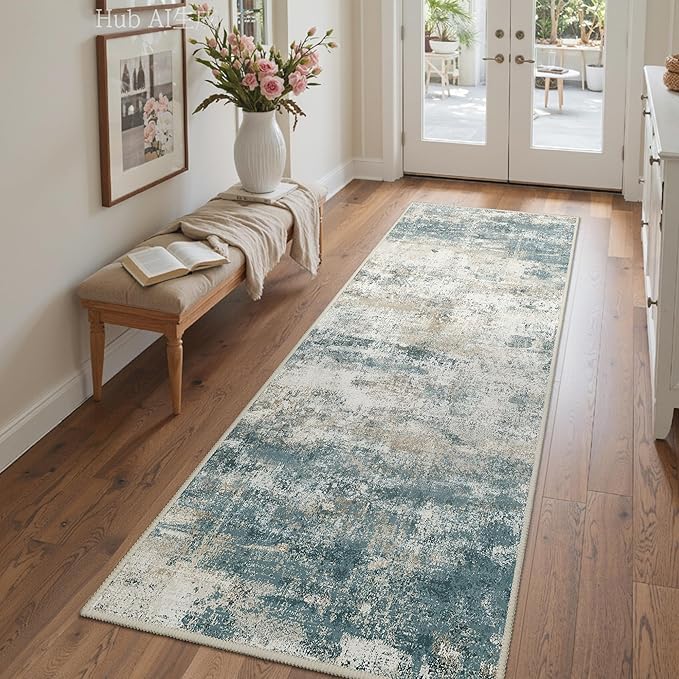 BEIMO Runner Rug for Hallway Kitchen, 2'6"x6' Machine Washable Runners Rug for Entryway, Soft Modern Abstract Throw Rugs, Low Pile Floor Cover with Non Slip Backing, Navy Beige