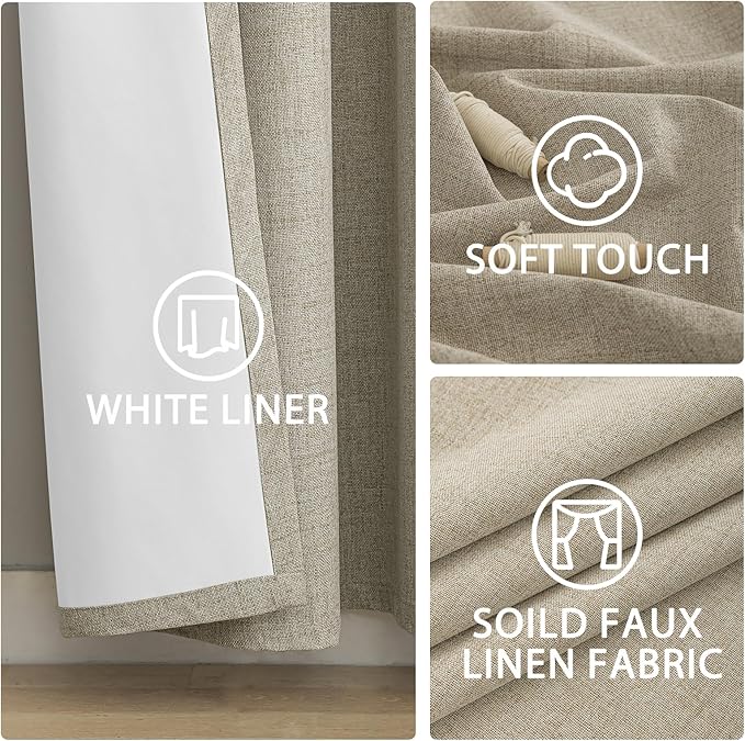 Yakamok Natural Linen Curtains 100% Blackout 72 Inches Long,Room Darkening Textured Curtains for Living Room Thermal Grommet Bedroom Curtains 2 Panels with Greyish White Liner