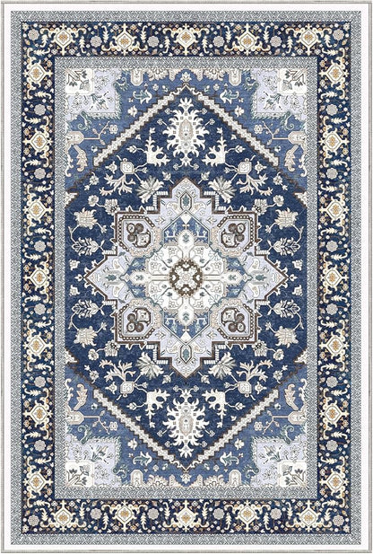 OPPODREAM Soft Area Rugs 5x7, 5x7 Washable Rug with Non Slip Backing, 5 x 7 Faux Cashmere Low-Pile Carpet, Navy Blue & Gold