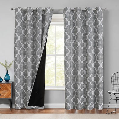 Beauoop 100% Blackout Curtains 108 Inches Long 2 Panels for Bedroom Living Room Grey Moroccan Geo Room Darkening Thermal Insulated Soundproof Grommet Top Window Treatments Drapes, 50x108 Set of 2