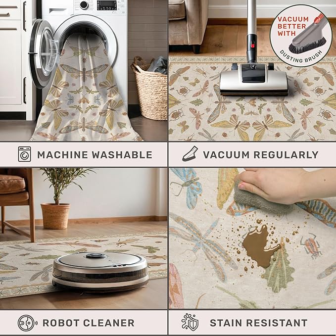 Hazo Haus 3x5 Washable Non-Slip Bathroom Rug, Colorful Insect Rug for Kids Room - Ultra Soft Low Pile Cottagecore Butterfly & Beetle Pattern for Nature-Inspired Home Décor