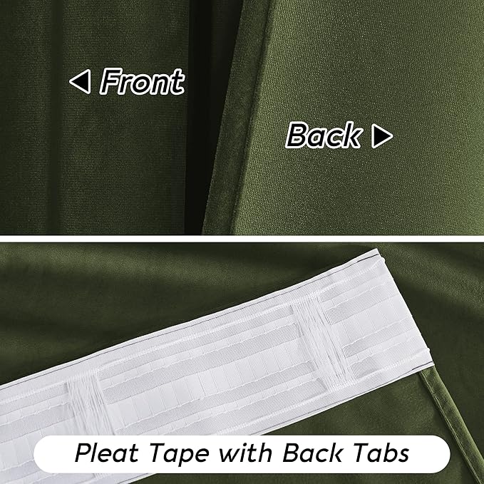 RYB HOME Green Velvet Curtains 108 inch, Solid Room Darkening Window Curtains for Living Room Light & Draft Block Privacy Backdrop with Pleat Tape Pocket& Tabs, Olive Green, W52 x L108 inch, 2 Panels