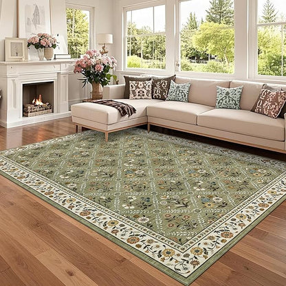 Large Entryway Rug 3x5 Floral Washable Area Rugs Vintage Soft Non-Slip Small Floor Carpet Doormat Stain Resistant Low-Pile Ultra-Thin Entry Mat for Bedside Kitchen Green