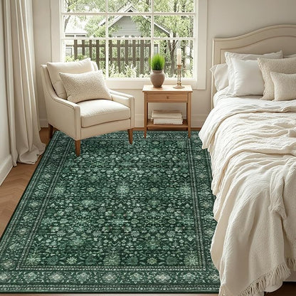 6x9 Area Rugs Living Room Rug: Washable Vintage Distressed Floral Rug No Slip Stain Resistant Soft Carpet Indoor Large Carpets for Bedroom Dining Room Farmhouse Nursery Home Office Deep Green