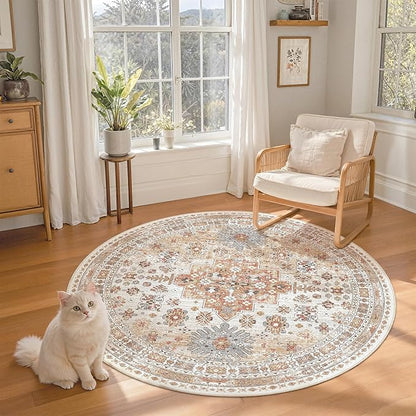 zesthome Washable Round Rug - 5ft Ultra-Thin Circle Area Rugs, Vintage Non-Slip Low Pile Rug for Living Room, Stain Resistant Rug for Bedroom, Entryway, Kitchen, Nursery