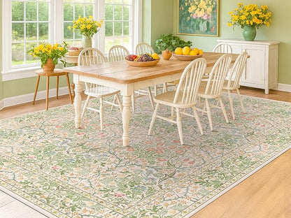 Beige Green 6x9 Washable Area Rugs for Dining Room, Nursery, Bedroom, Living Room, Kids Playroom, Ultra Soft Low Pile Non-Slip - Vintage Light Green Floral Indoor Carpet Stain Resistance