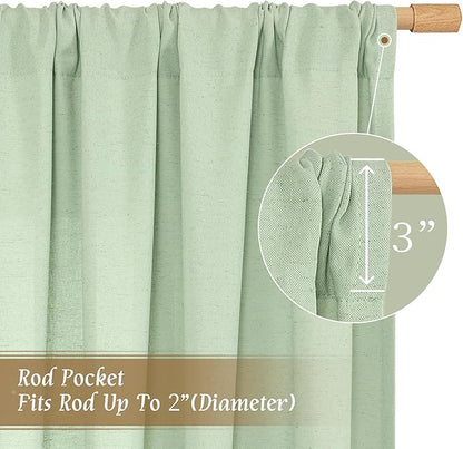 LAMIT Natural Linen Curtains for Bedroom, 72 Inch Faux Linen Textured Light Filtering Drapes Rod Pocket Window Treatment Panels for Living Room, Set of 2 Panels, 52 x 72 Inch, Light Green