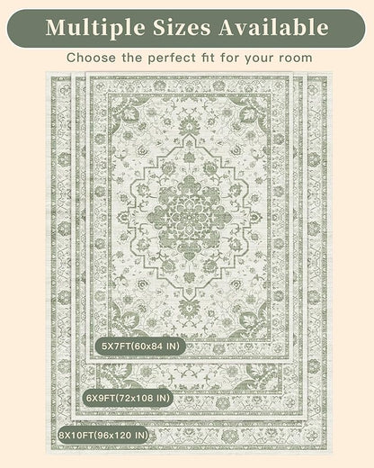 Madane 9x12 Area Rugs for Living Room, Machine Washable Vintage Green Rug with Non-Slip Backing, Soft Throw Large Rug, Thin Carpet for Bedroom Dining Room Farmhouse Under Table, Green/Ivory