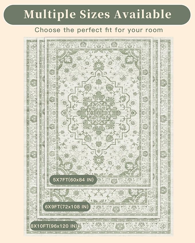 Madane 8x10 Area Rugs for Living Room, Machine Washable Vintage Green Rug with Non-Slip Backing, Soft Throw Large Rug, Thin Carpet for Bedroom Dining Room Farmhouse Under Table, Green/Ivory