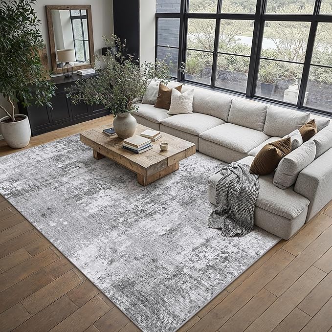 PureCozy 6x9 Grey Area Rug Washable Modern Abstract Living Room Carpet Non Slip Neutral Low Pile Soft Contemporary Gray Bedroom Large Rug Indoor Office Dining Room Playroom