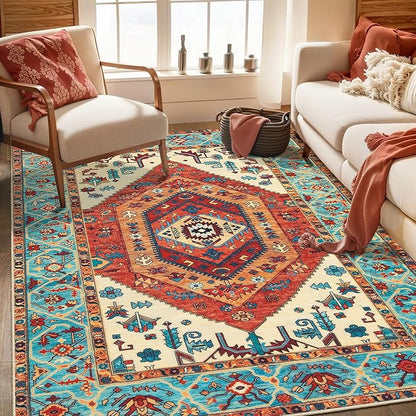 SERISSA 4x6 Boho Bedroom Rug, Washable Non Slip Vintage Orange Area Rugs, Ultra Soft Print Distressed Tribal Entry Rug Low-Pile Throw Carpet for Nursery Dorm Kitchen Living Room Decor