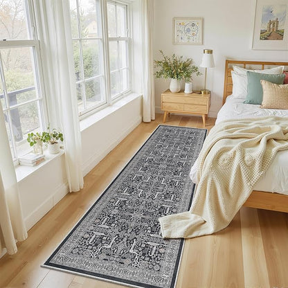 Washable 2x8 Runner Rug - Non Slip Vintage Kitchen Runner Rugs Low-Pile Distressed Long Rugs for Hallway Waterproof Indoor Carpet for Living Room Bedroom Entryway 2x8 Black