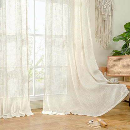 LAMIT Semi Sheer Linen Window Curtains 63 Inch Length, Light Filtering Neutral Curtain Panels Farmhouse Back Tab and Rod Pocket Drapes for Bedroom, Cream Ivory, 2 Panels, 52 x 63 Inch