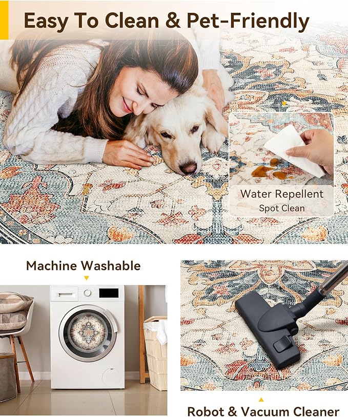 Area Rugs 6ft Washable Non-Slip, Floral Vintage Distress Print Pattern Medallion Carpet for Living Room Bedroom Dining Room, Beige Navy Blue Orange Colorful