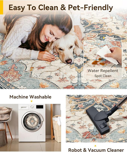 RELEANY Area Rugs 5ft Washable Non-Slip, Floral Vintage Distress Print Pattern Medallion Carpet for Living Room Bedroom Dining Room, Beige Navy Blue Orange Colorful