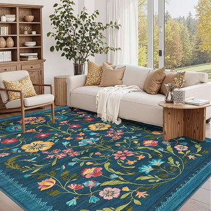 GarveeHome Washable Rug 8x10 Area Rugs for Living Room, Floral Rug for Bedroom, Soft Vintage Non Slip Throw Rugs with Rubber Back, Low Pile Stain Resistant Boho Floral Carpet for Dining Room, Blue