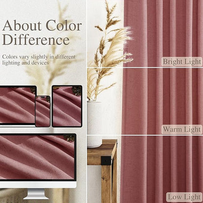 Canyon Rose Linen Curtains 108 Inches Long for Living Room 2 Panels Set Extra Long Back Tab Curtain Semi Sheer Light Filtering Dusty Rose Drapes Floor to Ceiling Curtains for Large Windows 52x108