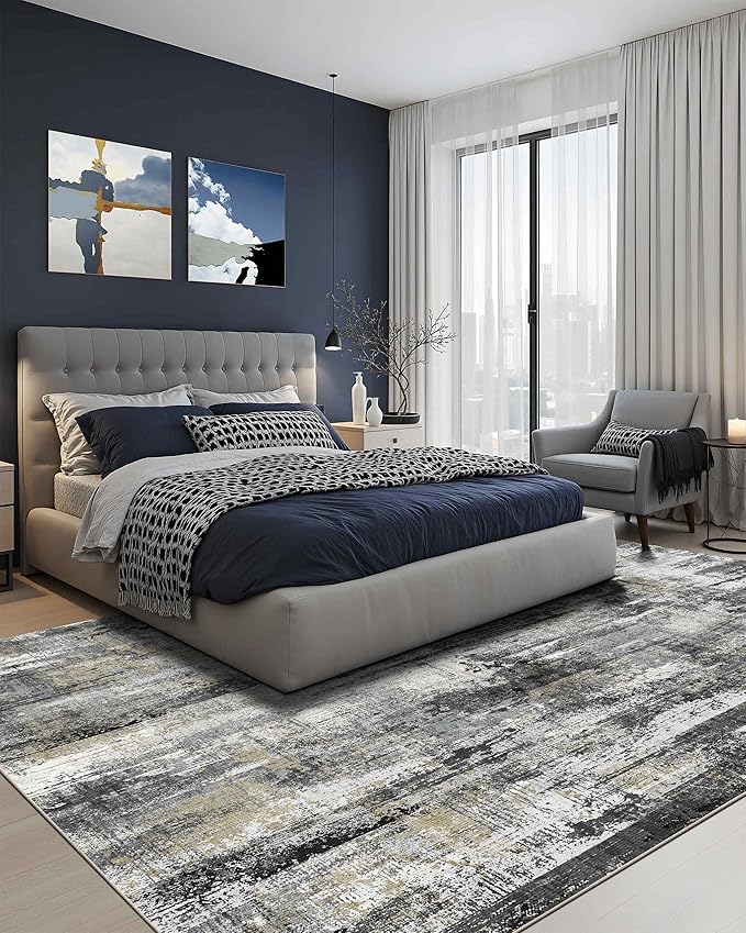 Latte&Fog 8x10 Area Rugs for Living Room, Large Black Modern Abstract Washable Rug, Boho Non Slip Low Pile Carpet for Indoor Bedroom Dining Room, Office, Dorm, Classroom, Farmhouse and Kids Room